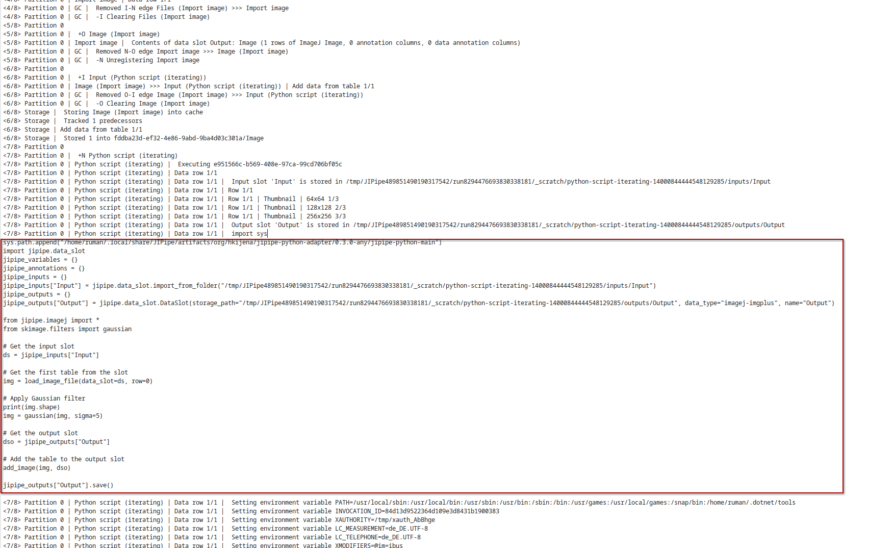 Screenshot of the log window